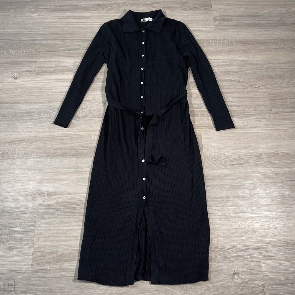Zara Women's Dress Maxi Ribbed Melted Collar Minimalist Button M Black